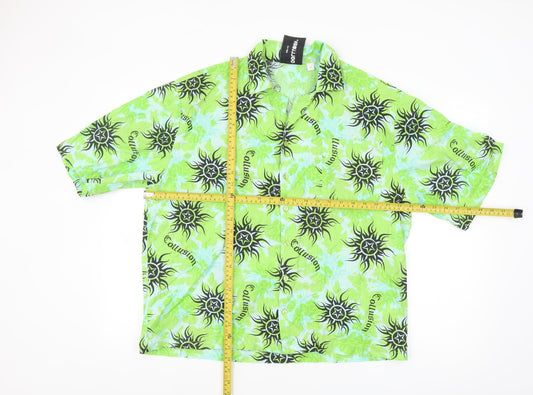 Collusion Men's Green Graphic Print Short Sleeve Button-Up Shirt Size M