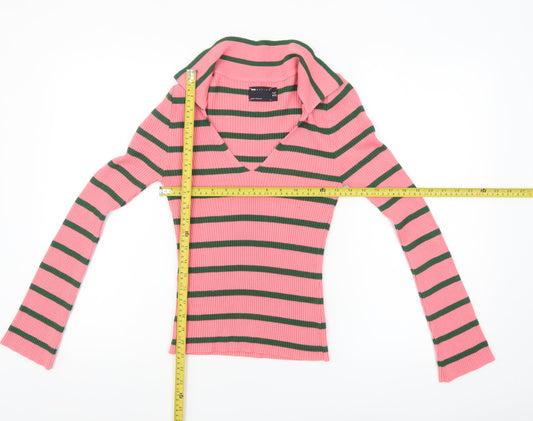 ASOS Women Pink Striped V-Neck Long Sleeve Slim Fit Jumper Size 8