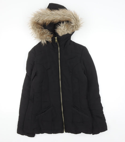 H&M Women's Black Faux Fur Hooded Puffer Jacket Size 6