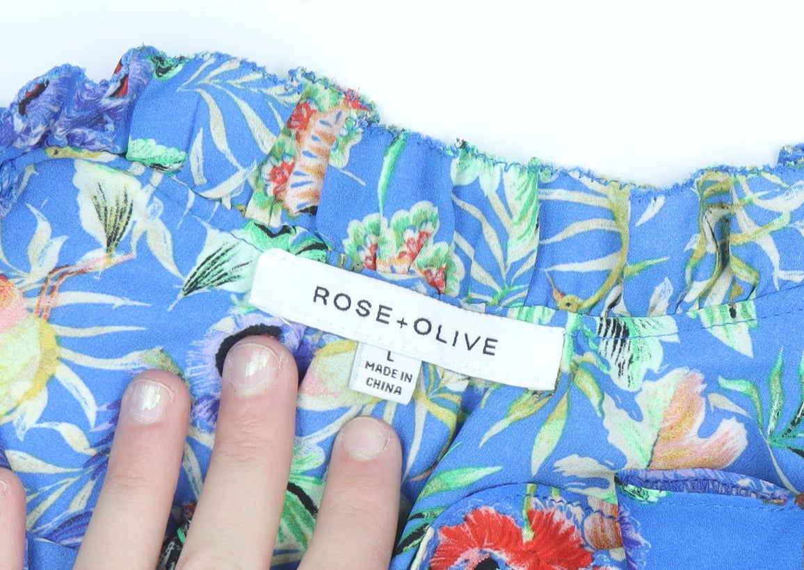Rose + Olive Women's Blue Floral Sleeveless Ruffle Blouse Size L
