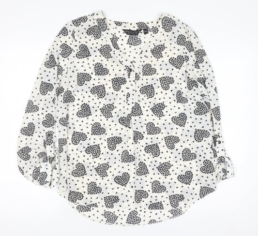 Dorothy Perkins Women White Heart Print Long Sleeve V-Neck Blouse Size 12