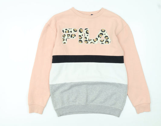 Fila Womens Pink Colourblock Leopard Logo Pullover Sweatshirt S
