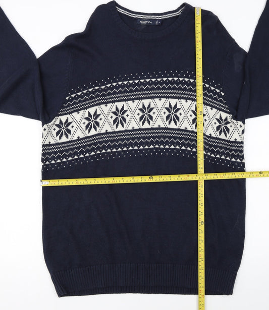 Nautica Men's Blue Fair Isle Cotton Crew Neck Jumper XL