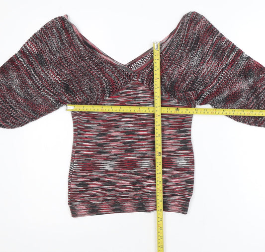 Windsor Womens Multicoloured L Cropped Knit V-Neck Puff Sleeve Blouse