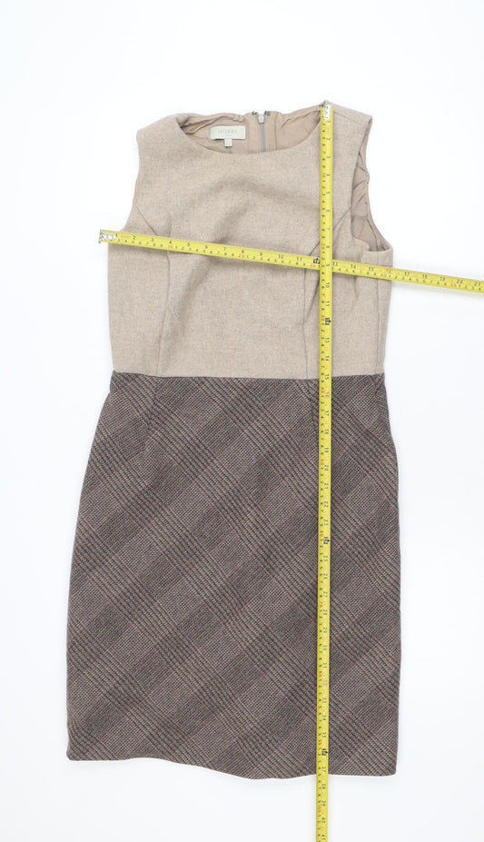 Hobbs Women Beige Wool Check Sheath Dress UK 12 Workwear