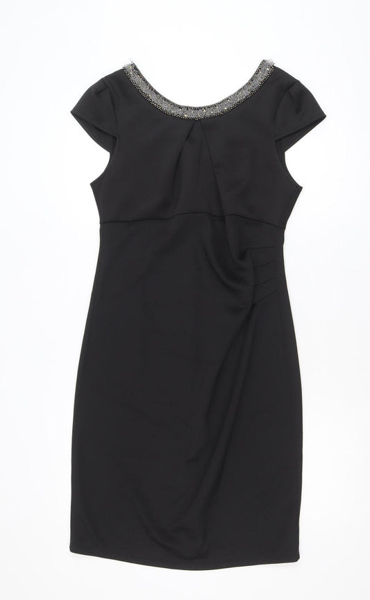Additional front view of Dunnes women’s black, size UK 14, sheath beaded neck party dress