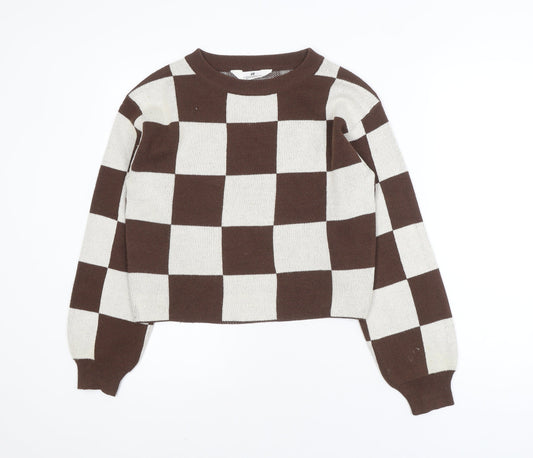 Additional front view of H&M Teens Brown & Beige Checkered Crew Neck Acrylic Jumper, size 12-14Y