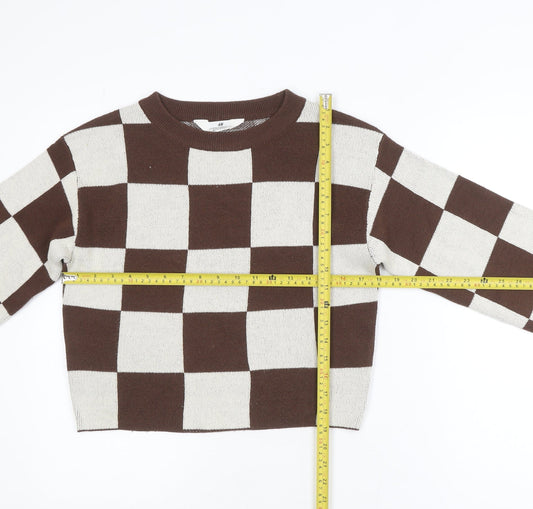 H&M Teens Brown & Beige Checkered Crew Neck Acrylic Jumper Size 12-14Y