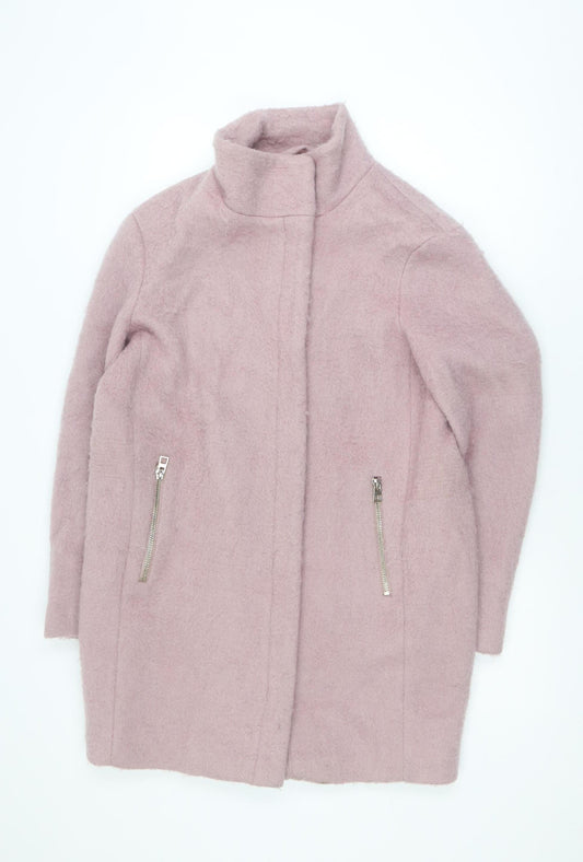 H&M Women Pink Wool Blend Mid-Length Zip Overcoat Size 8