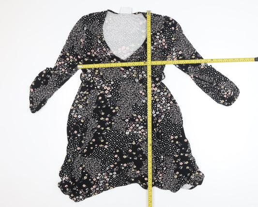 Wallis Petite Black Floral Wrap Dress UK 12 Long Sleeve V-Neck