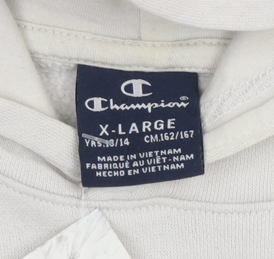 Brand and care label for Champion Teens Beige Pullover Hoodie XL Graphic Print Cotton Blend