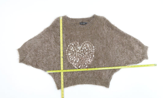 Cherry Couture Women Beige Fuzzy Sequin Heart Jumper Size M