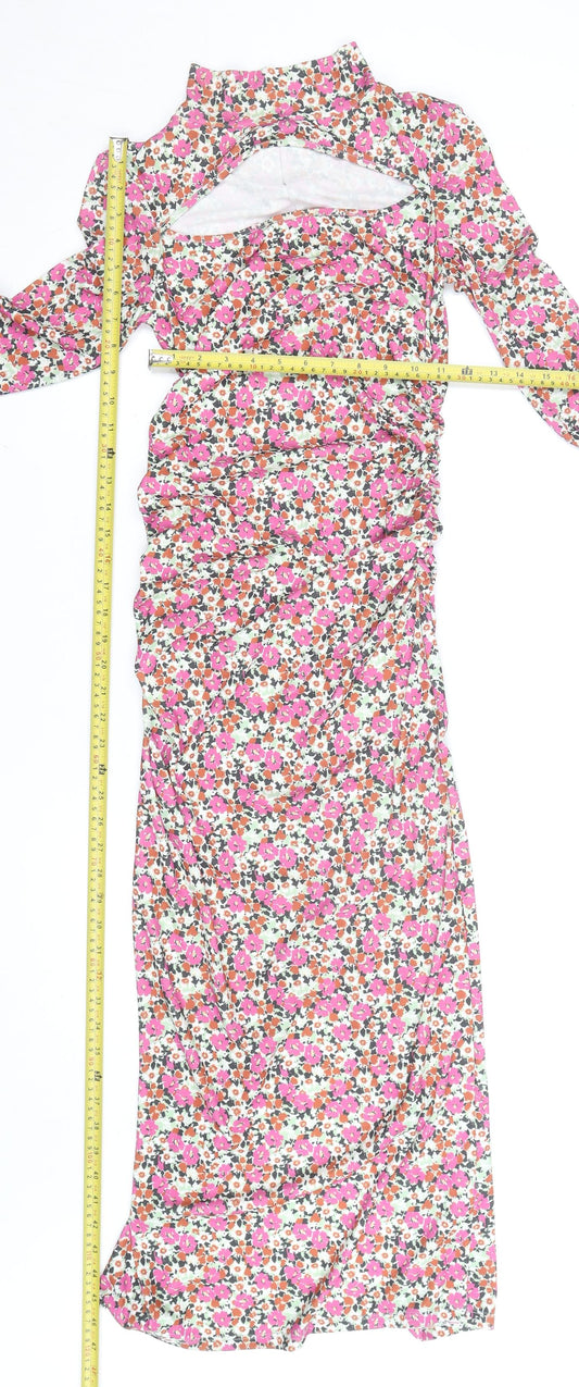 Zara Women’s Multicoloured Floral Ruched Bodycon Midi Dress Size 8