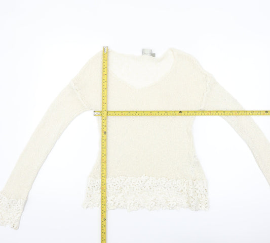 ASOS Women Ivory V-Neck Knit Lace Hem Jumper Size 8