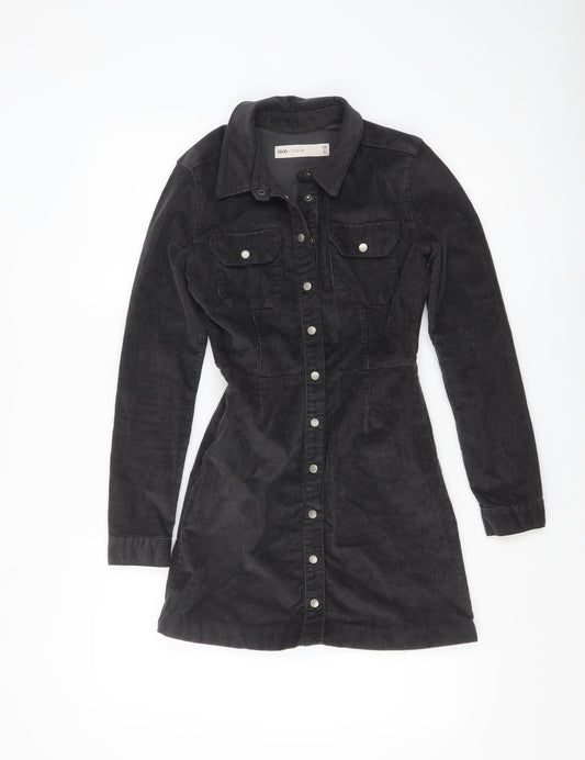 Additional front view of ASOS Women’s Black Corduroy Long Sleeve Shirt Dress, size UK 2