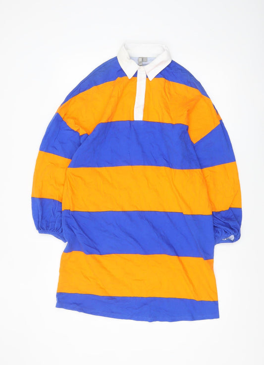 Additional front view of ASOS Women's Blue Orange Collared Striped Shirt Dress, size 8