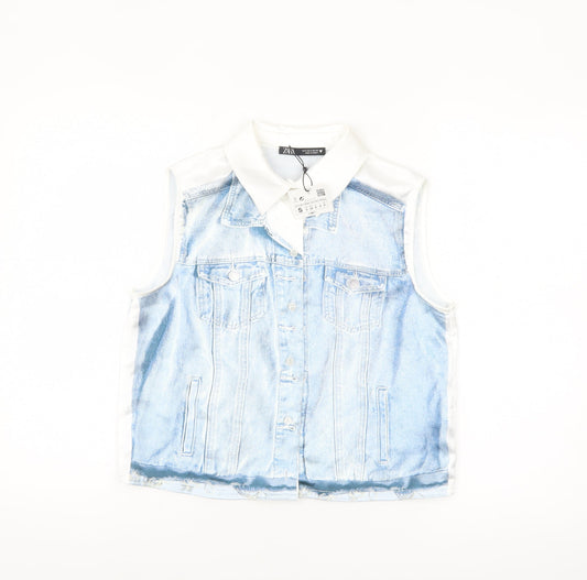 Zara Women Blue Collared Sleeveless Cropped Button-Up Top Size S