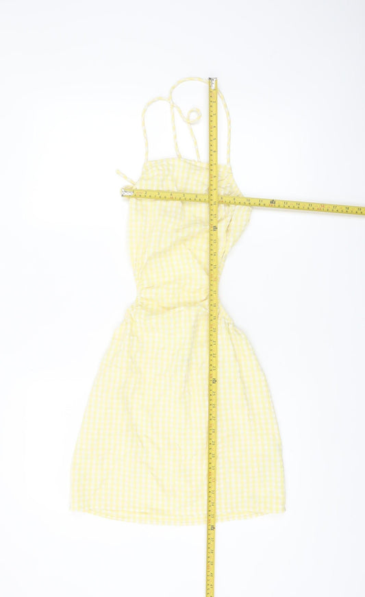 Bershka Women Yellow Check Cut Out Slip Dress Size S