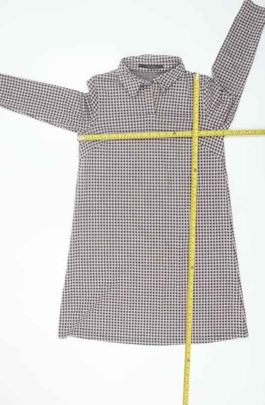Monton Women Black & White Houndstooth Collared Long Sleeve Shift Dress UK10