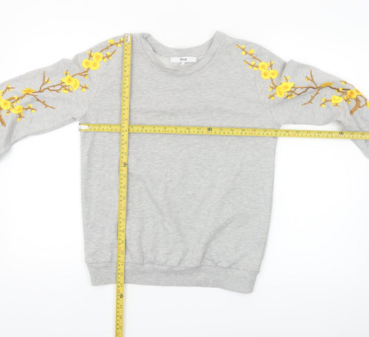 Find Women Grey Embroidered Floral Pullover Sweatshirt XS