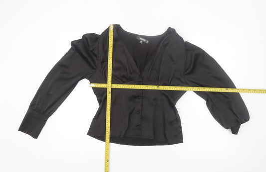 Missguided Women's Black Satin Wrap Blouse UK 10 Long Sleeve