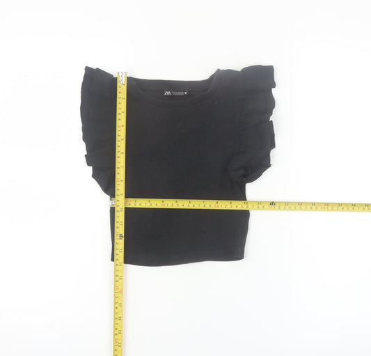 Zara Women Black Cropped Ruffle Sleeve T-Shirt Size S