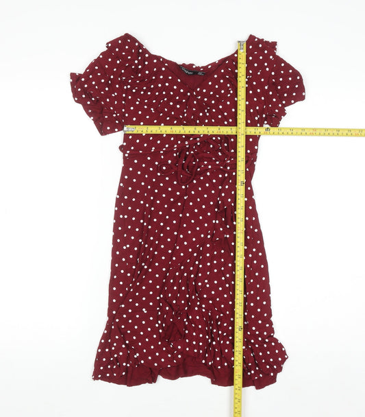 Boohoo Women's Red Polka Dot Wrap Dress Size 10 Short Sleeve V-Neck Ruffle