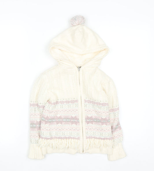 Nula Bug Girls Ivory Fair Isle Hooded Knit Jacket 3-4 Years Lined Zip Up