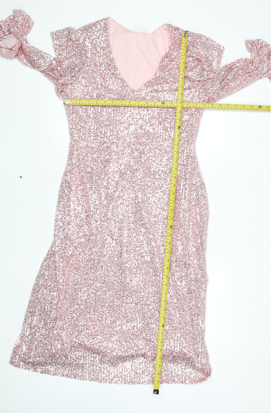 Savida Women’s Pink Sequin Fit & Flare Dress Size 16 Party V-Neck