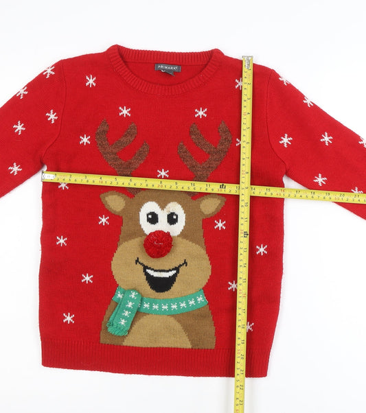 Primark Girls Red Christmas Reindeer Jumper 11-12 Years Acrylic Knit