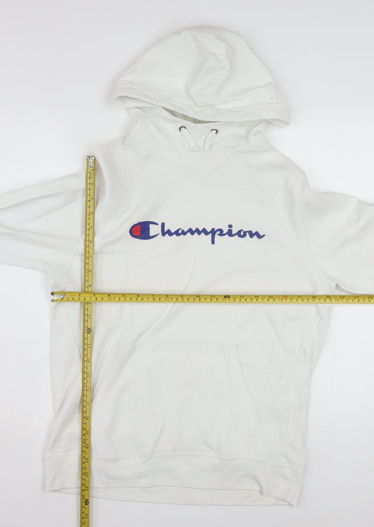 Champion Men's White Hoodie Pullover Medium Logo Print Cotton Blend
