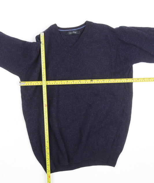 James Pringle Men's Blue Wool V-Neck Jumper Size L