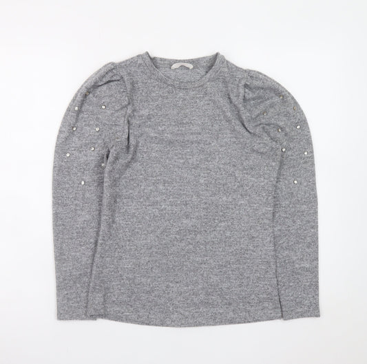 Savida Womens Grey XS Beaded Puff Sleeve Crew Neck Knit Jumper