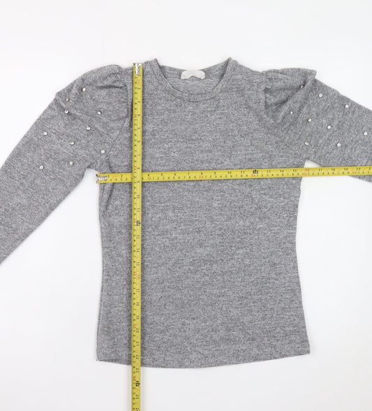 Savida Womens Grey XS Beaded Puff Sleeve Crew Neck Knit Jumper