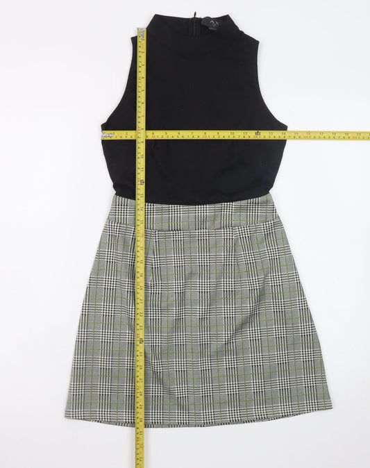 AX Paris Women Black Check Shift Dress Size 8 Sleeveless High Neck