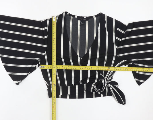 New Look Women's Black Striped Wrap Blouse Size 8 Kimono Sleeve