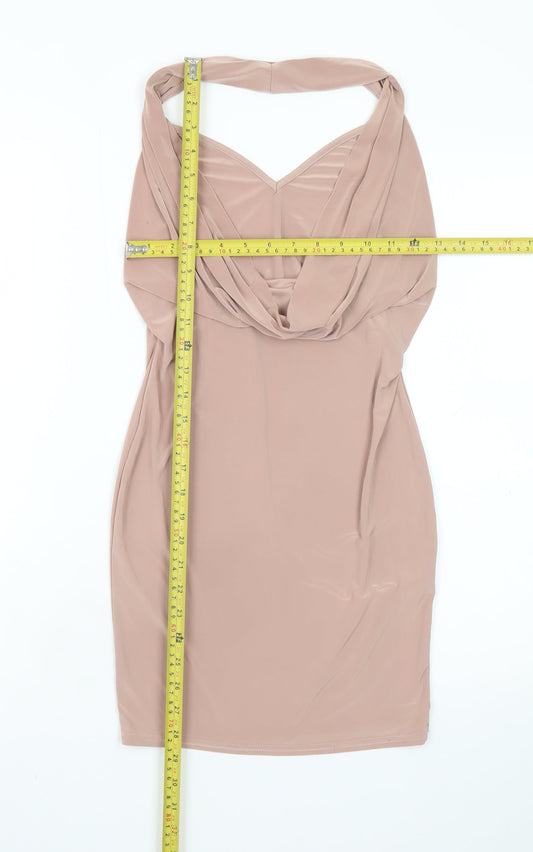 Boohoo Women Beige Bodycon Cowl Neck Sleeveless Short Dress Size 10