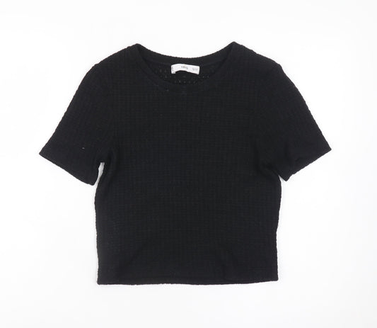 Mango Women's Black Cropped Knit T-Shirt Size S Short Sleeve