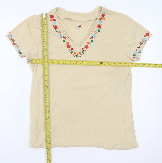 Tommy Hilfiger Womens Beige Embroidered V-Neck Cotton T-Shirt M