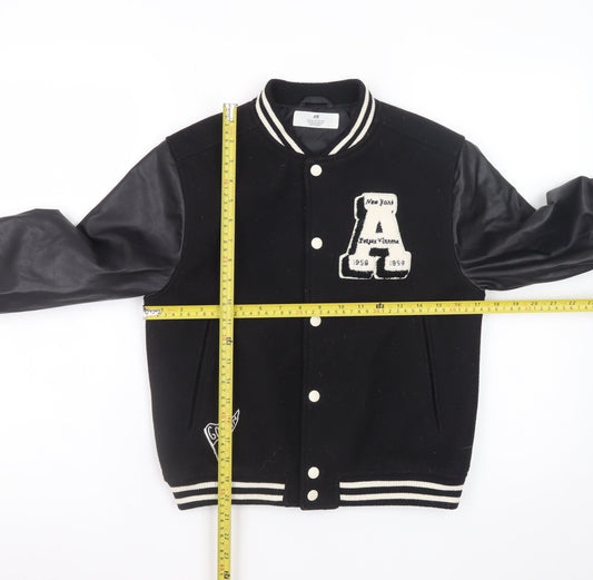 H&M Boys Black Varsity Jacket 8-9 Years Polyester Button Up Lined