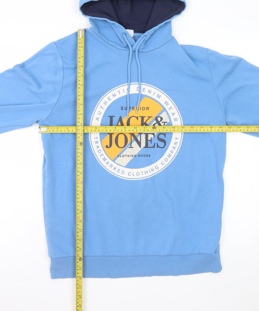 Jack & Jones Mens Blue Pullover Hoodie L Graphic Print Casual Sweatshirt