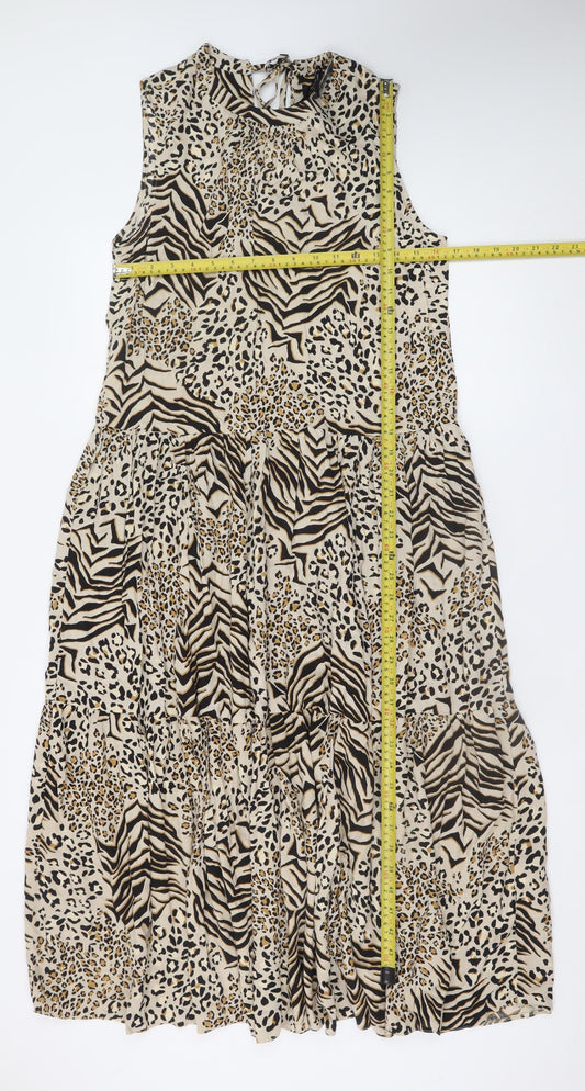 New Look Women Beige Animal Print Midi A-Line Sleeveless Dress Size 12