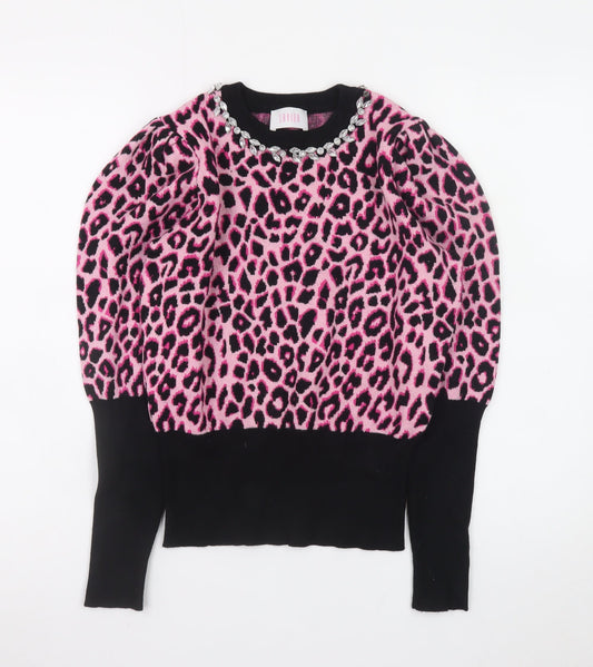 Savida Women's Pink Leopard Jewel Neck Puff Sleeve Jumper Size 12