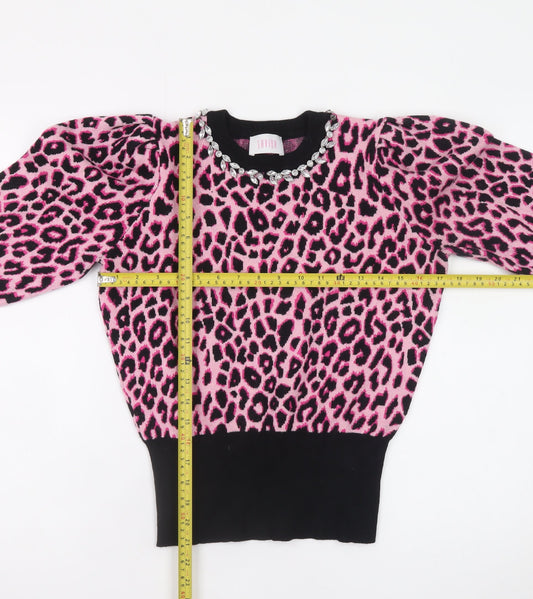 Savida Women's Pink Leopard Jewel Neck Puff Sleeve Jumper Size 12