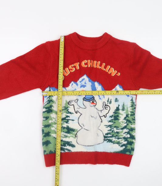 Marks and Spencer Boys Red Christmas Jumper 10-11 Years Just Chillin' Snowman Knit