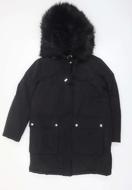 Zara Women Black Faux Fur Hooded Parka Coat Size 10