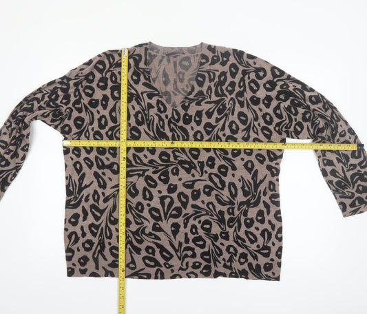 Evans Women Brown Leopard Print V-Neck Acrylic Jumper Size 22/24