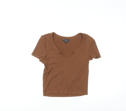 Brave Soul Women Brown Cropped V-Neck Short Sleeve T-Shirt S