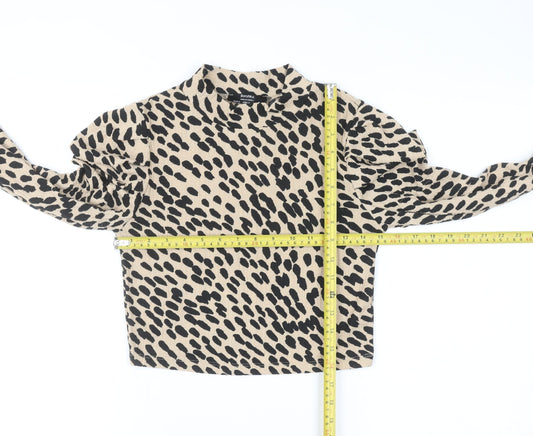 Bershka Women Beige Animal Print Cropped Long Sleeve Blouse Size 10