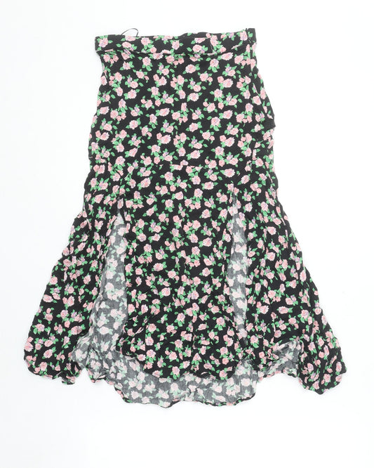 Zara Women Black Floral Flare Midi Skirt Size S Viscose